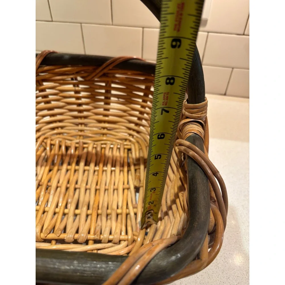 Vintage Woven Wicker Picnic Basket Two-Tone Green Handle Rectangular Farmhouse
